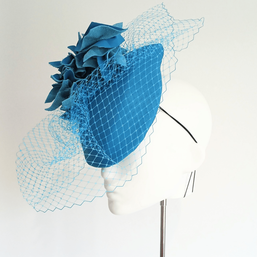 Layla - Women's leather teardrop percher Headpiece blue - Julie Herbert Millinery leather crown