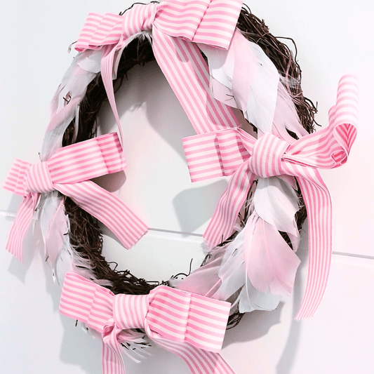 Pink and White Feather Double Bow 30cm Wreath - Julie Herbert Millinery