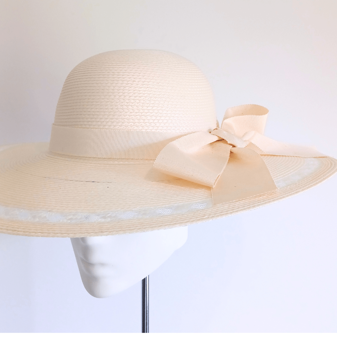 Straw Hat with Blue & White Ribbon Bow - Julie Herbert Millinery straw hat