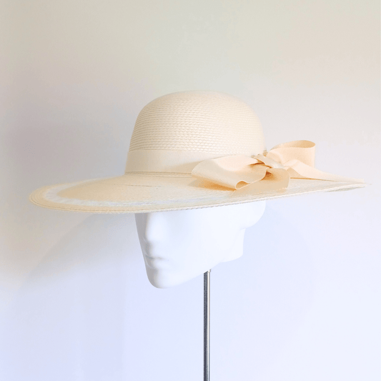 Straw Hat with Blue & White Ribbon Bow - Julie Herbert Millinery straw hat
