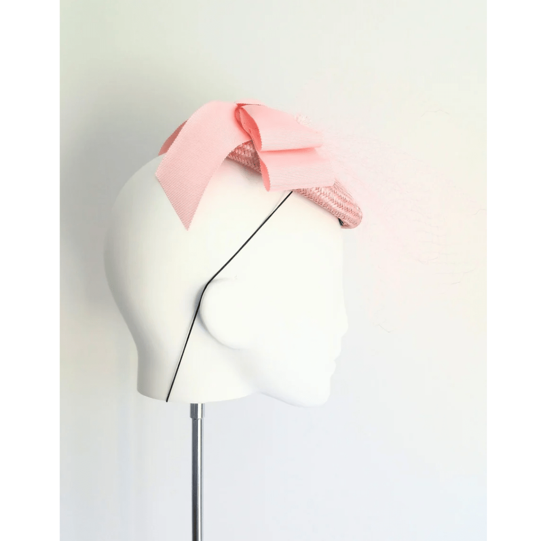 Victoria Pink Buntal Headpiece with double bow - Julie Herbert Millinery Pink headpiece