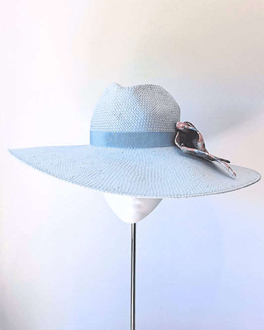 Women's Baby Blue Straw Wide Brim fedora hat with Monochrome floral leather bow - Julie Herbert Millinery straw hat