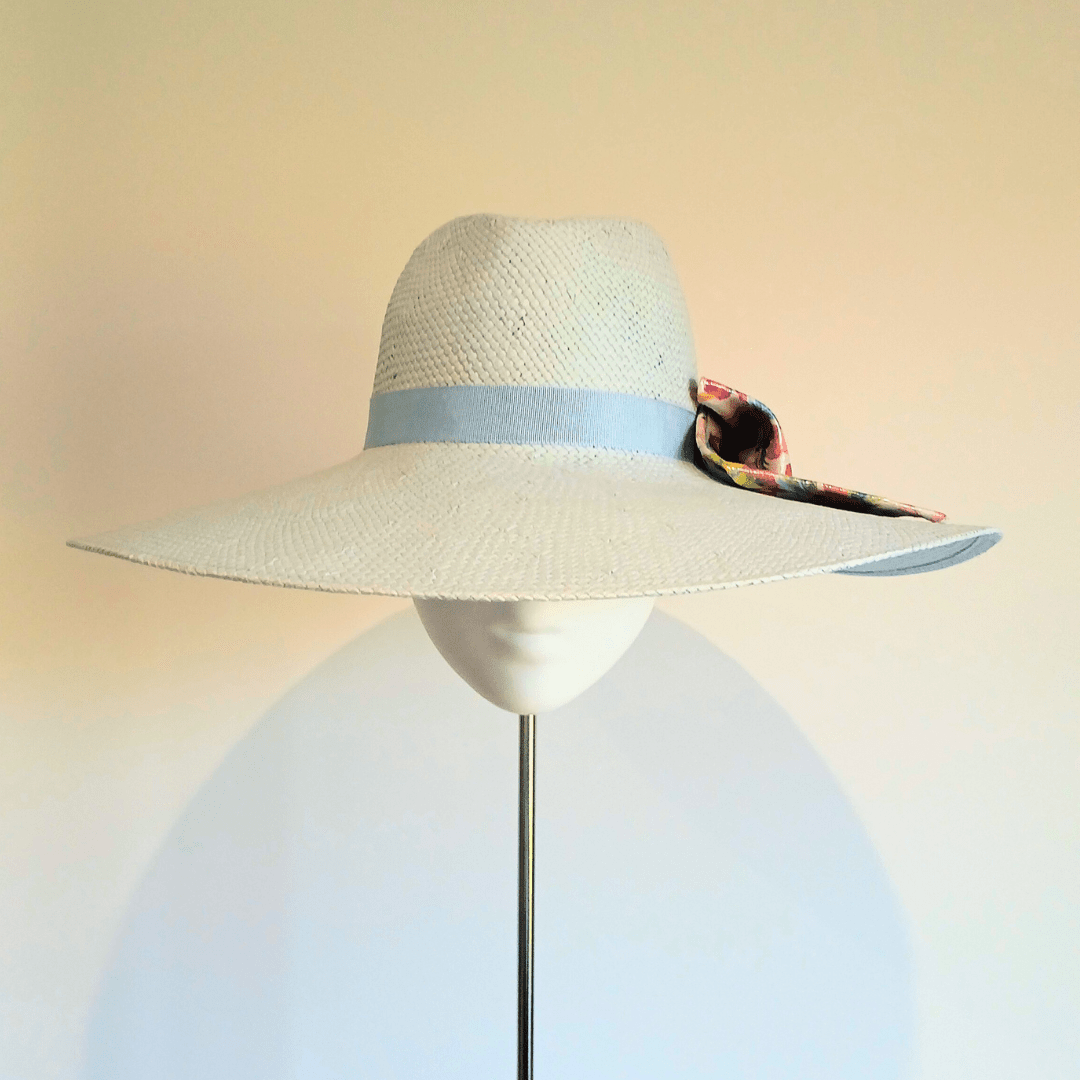 Women's Baby Blue Straw Wide Brim fedora hat with Monochrome floral leather bow - Julie Herbert Millinery straw hat