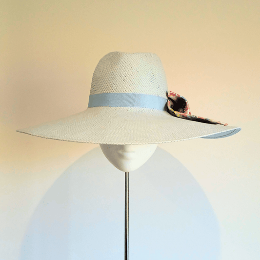Women's Baby Blue Straw Wide Brim fedora hat with Monochrome floral leather bow - Julie Herbert Millinery straw hat
