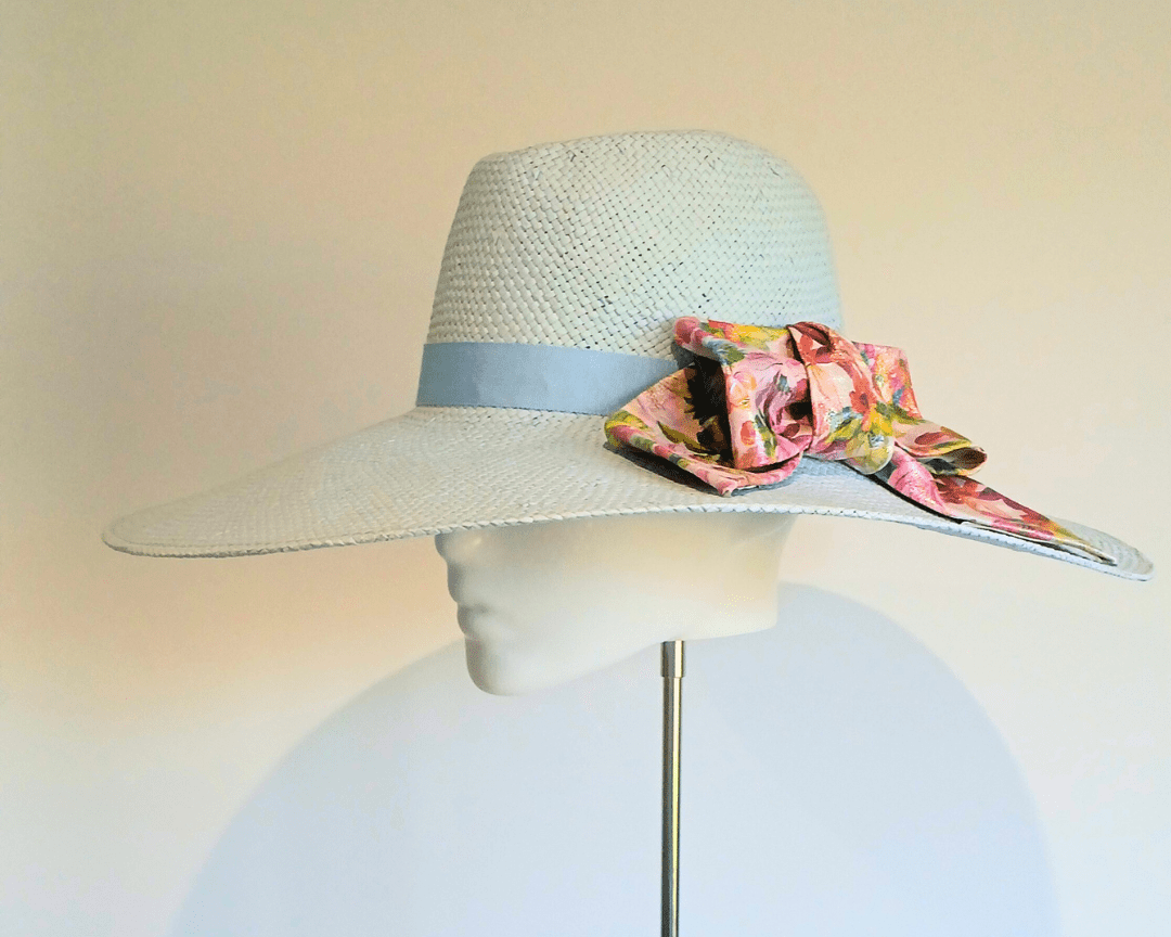 Women's Baby Blue Straw Wide Brim fedora hat with Monochrome floral leather bow - Julie Herbert Millinery straw hat