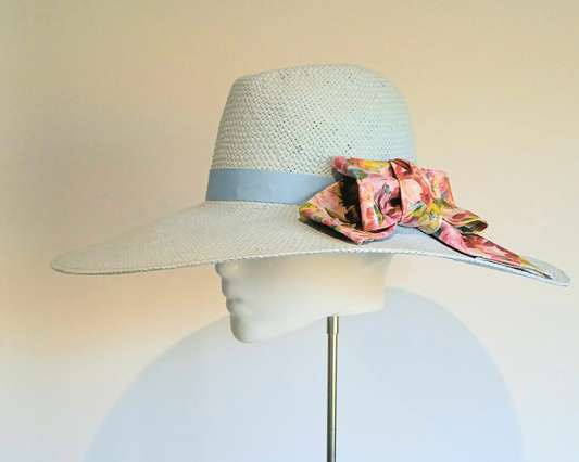 Women's Baby Blue Straw Wide Brim fedora hat with Monochrome floral leather bow - Julie Herbert Millinery straw hat