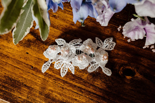 Women's Ivory & Pink pearls, crystal lace bridal headpiece - Julie Herbert Millinery Bridal headpiece