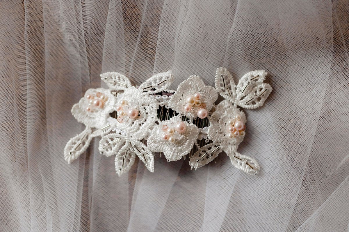 Women's Ivory & Pink pearls, crystal lace bridal headpiece - Julie Herbert Millinery Bridal headpiece