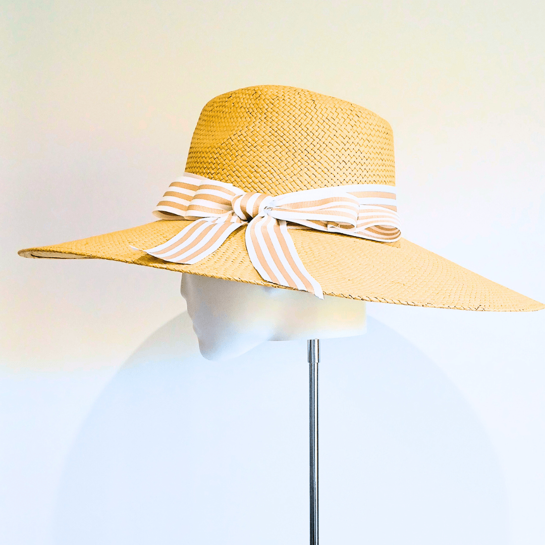 Women's Mustard Straw Wide Brim fedora hat with double petersham bow - Julie Herbert Millinery