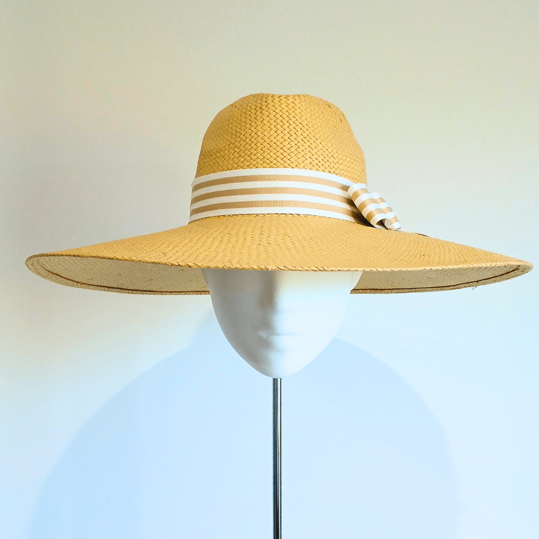 Women's Mustard Straw Wide Brim fedora hat with double petersham bow - Julie Herbert Millinery