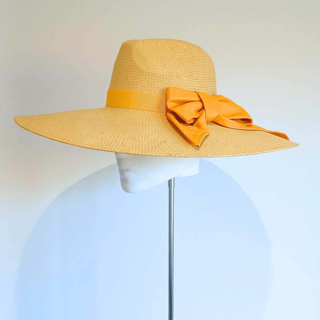 Women's Mustard Yellow Leather Bow Straw Wide Brim fedora hat - Julie Herbert Millinery