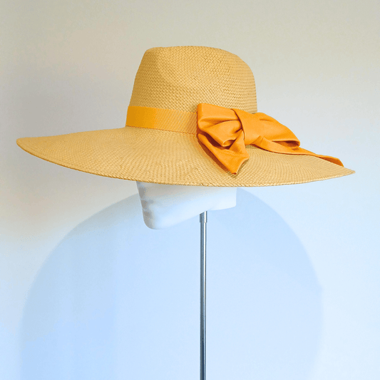 Women's Mustard Yellow Leather Bow Straw Wide Brim fedora hat - Julie Herbert Millinery straw hat