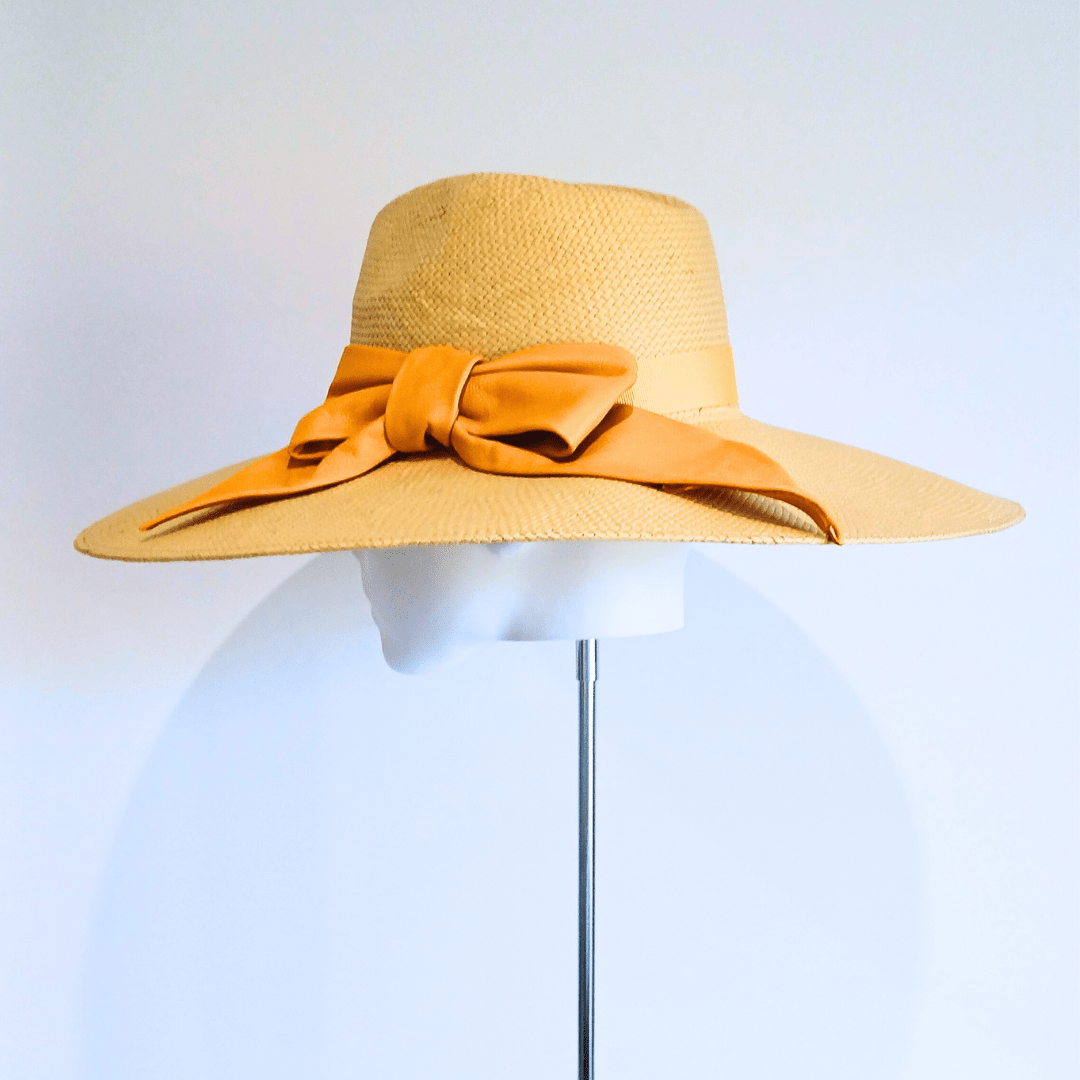 Women's Mustard Yellow Leather Bow Straw Wide Brim fedora hat - Julie Herbert Millinery