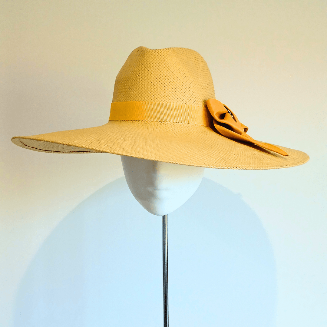 Women's Mustard Yellow Leather Bow Straw Wide Brim fedora hat - Julie Herbert Millinery