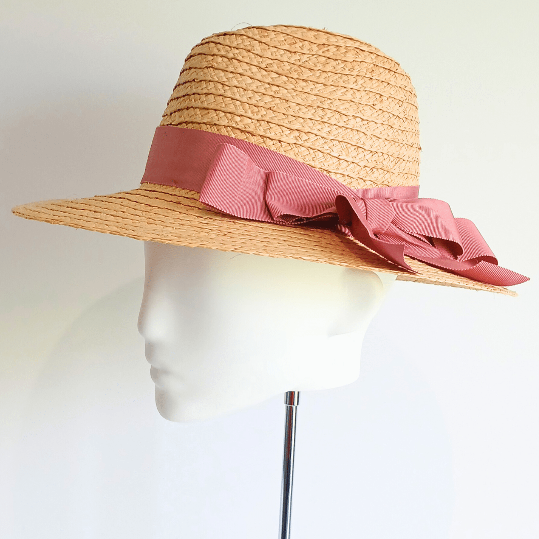 Women's Natural Straw Brim Hat with Dusty Pink Bow - Julie Herbert Millinery straw hat