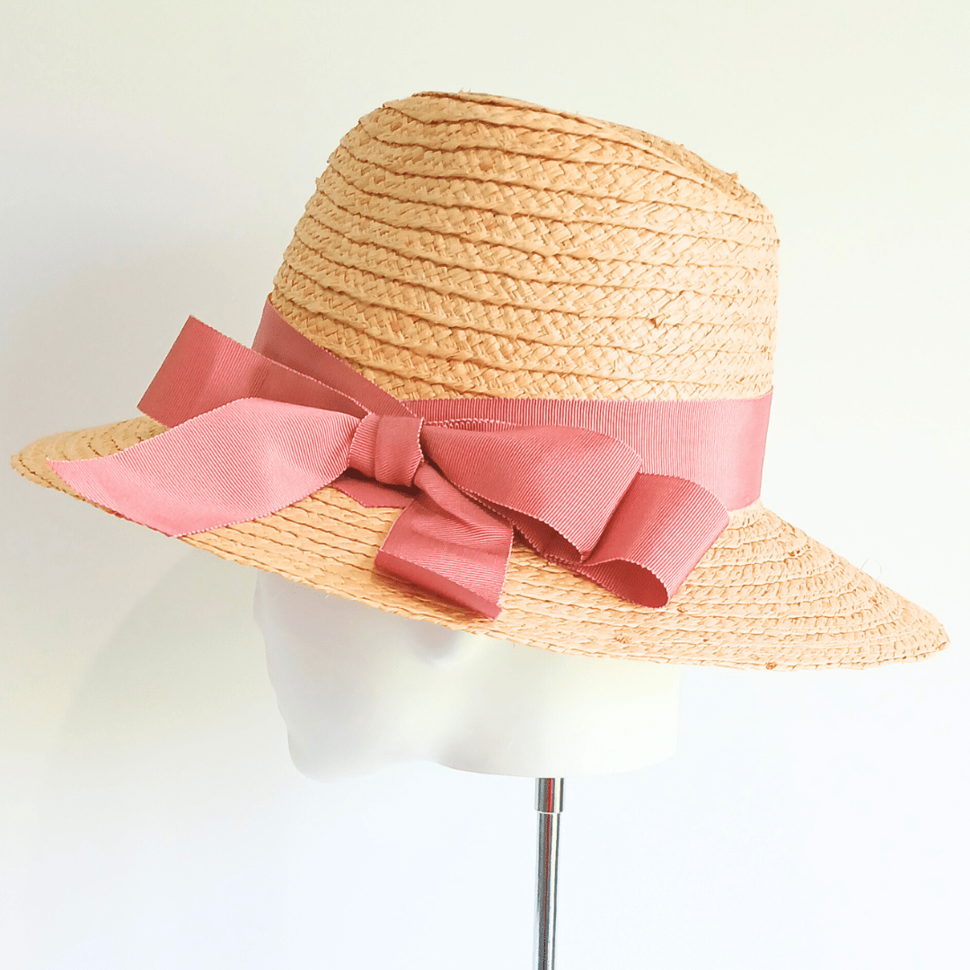 Women's Natural Straw Brim Hat with Dusty Pink Bow - Julie Herbert Millinery straw hat