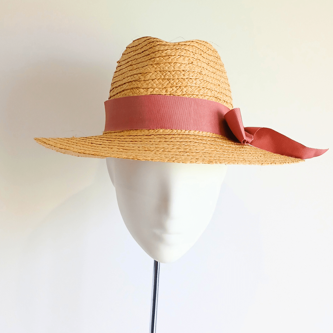 Women's Natural Straw Brim Hat with Dusty Pink Bow - Julie Herbert Millinery straw hat