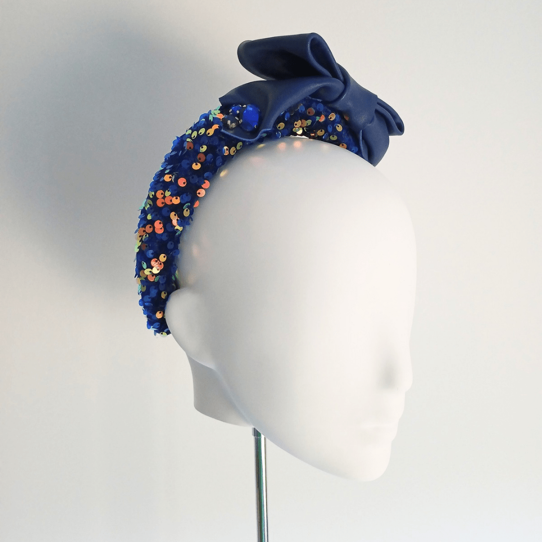Women's Sparkly Navy Blue Leather Bow Headband - Julie Herbert Millinery Navy Blue headband