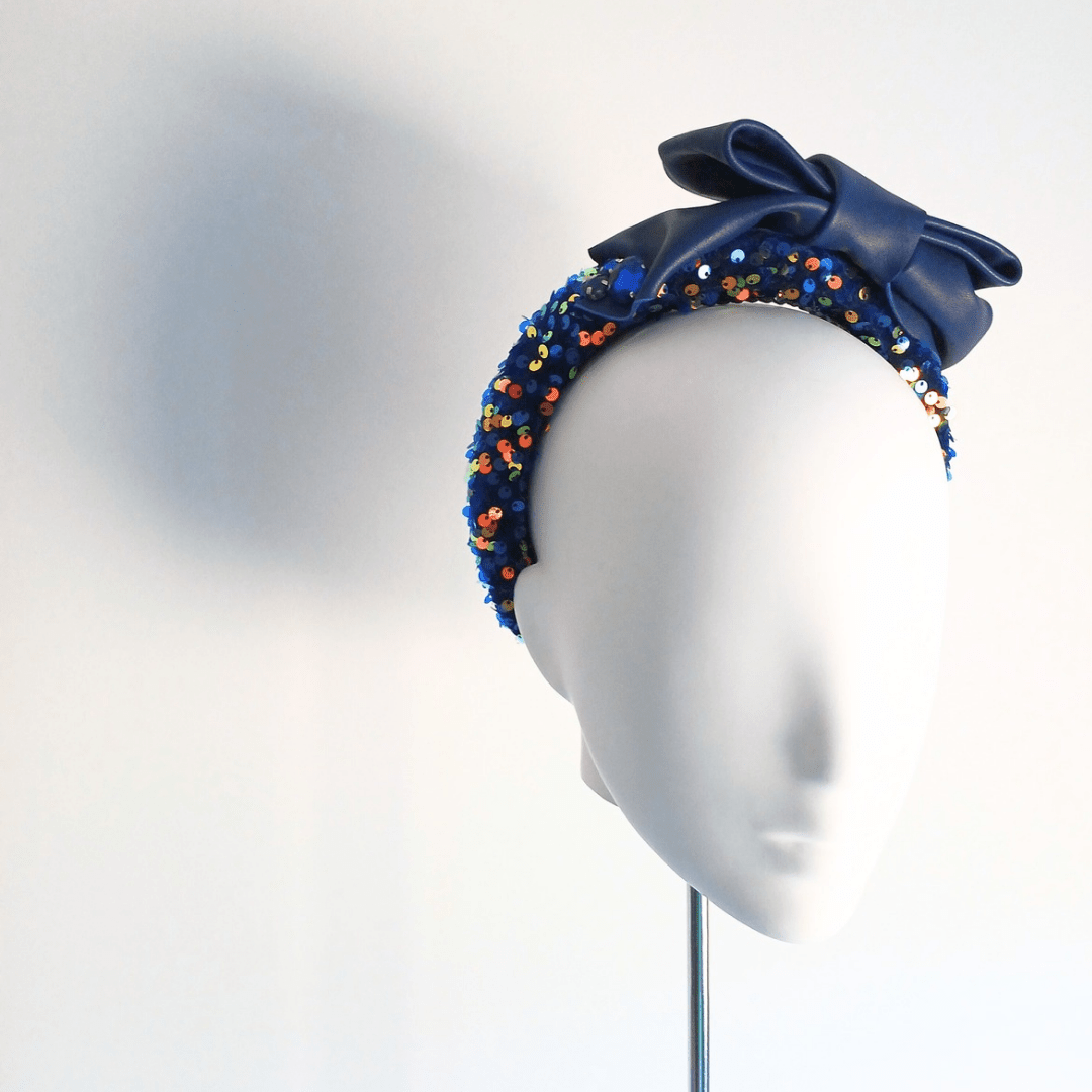 Women's Sparkly Navy Blue Leather Bow Headband - Julie Herbert Millinery Navy Blue headband