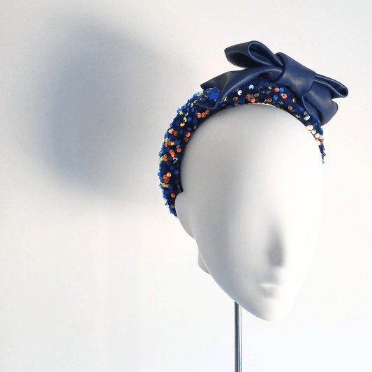 Women's Sparkly Navy Blue Leather Bow Headband - Julie Herbert Millinery Navy Blue headband