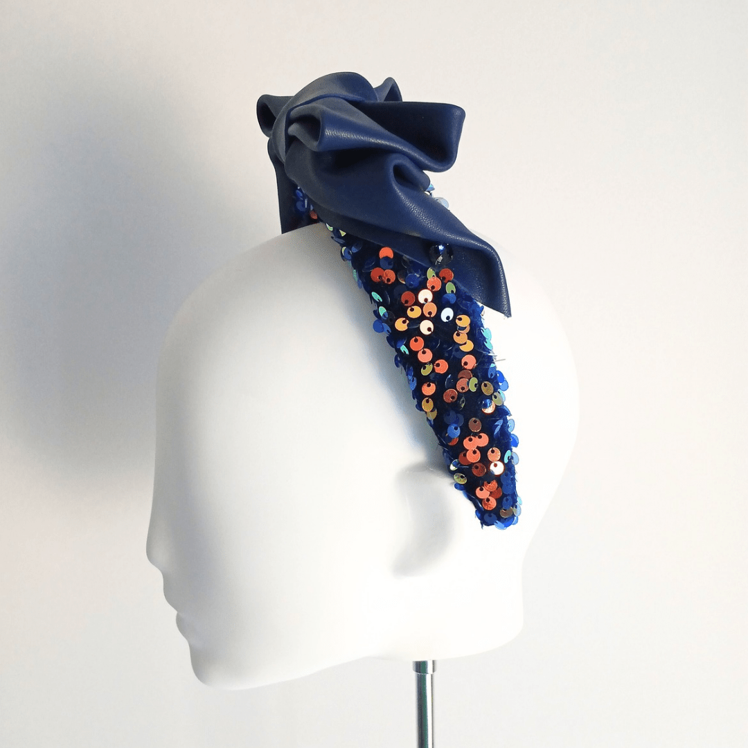 Women's Sparkly Navy Blue Leather Bow Headband - Julie Herbert Millinery Navy Blue headband