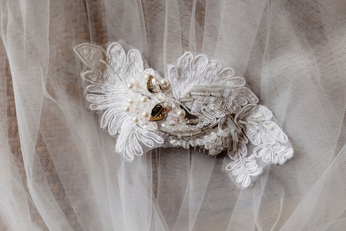 Women's White lace with Ivory and Pink embellishments bridal headpiece - Julie Herbert Millinery bridal headpiece