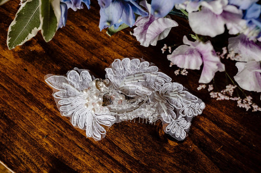 Women's White lace with Ivory and Pink embellishments bridal headpiece - Julie Herbert Millinery bridal headpiece
