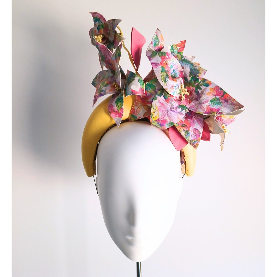 Yellow Leather Crown Headpiece with flowers - Julie Herbert Millinery leather crown