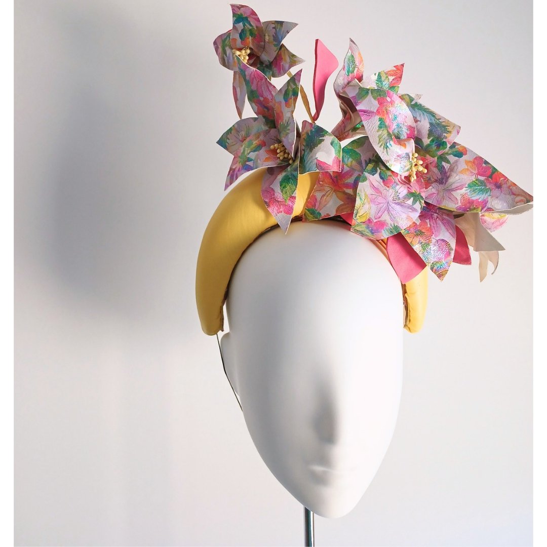 Yellow Leather Crown Headpiece with flowers - Julie Herbert Millinery leather crown