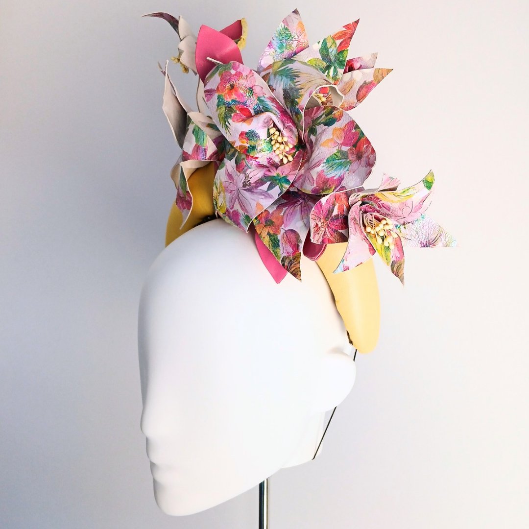 Yellow Leather Crown Headpiece with flowers - Julie Herbert Millinery leather crown