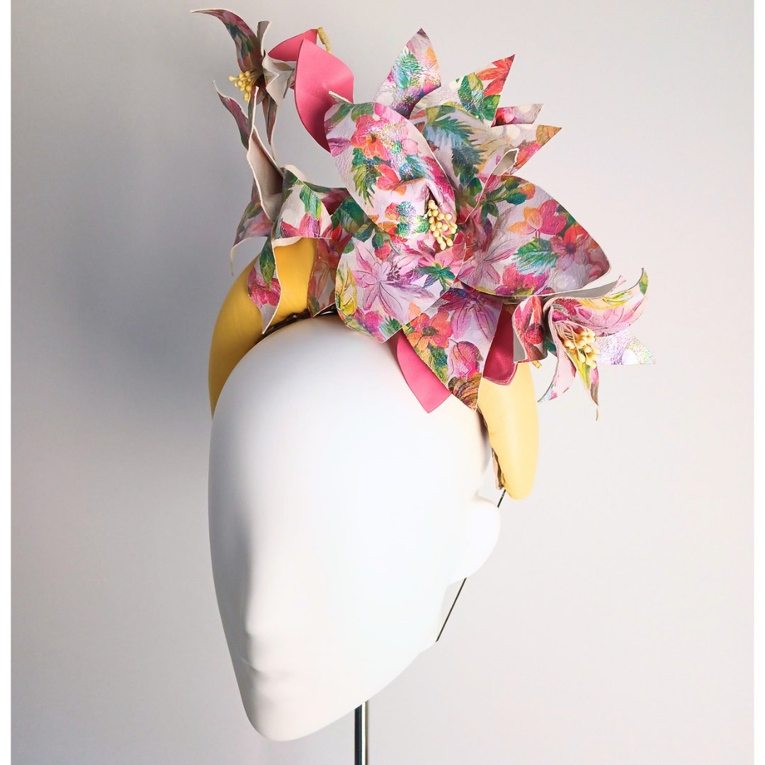 Yellow Leather Crown Headpiece with flowers - Julie Herbert Millinery leather crown