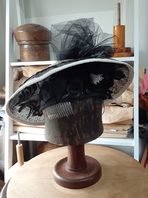 Black and White Sinamay hat with lace and veiling bow - Julie Herbert Millinery Sinamay brim hat
