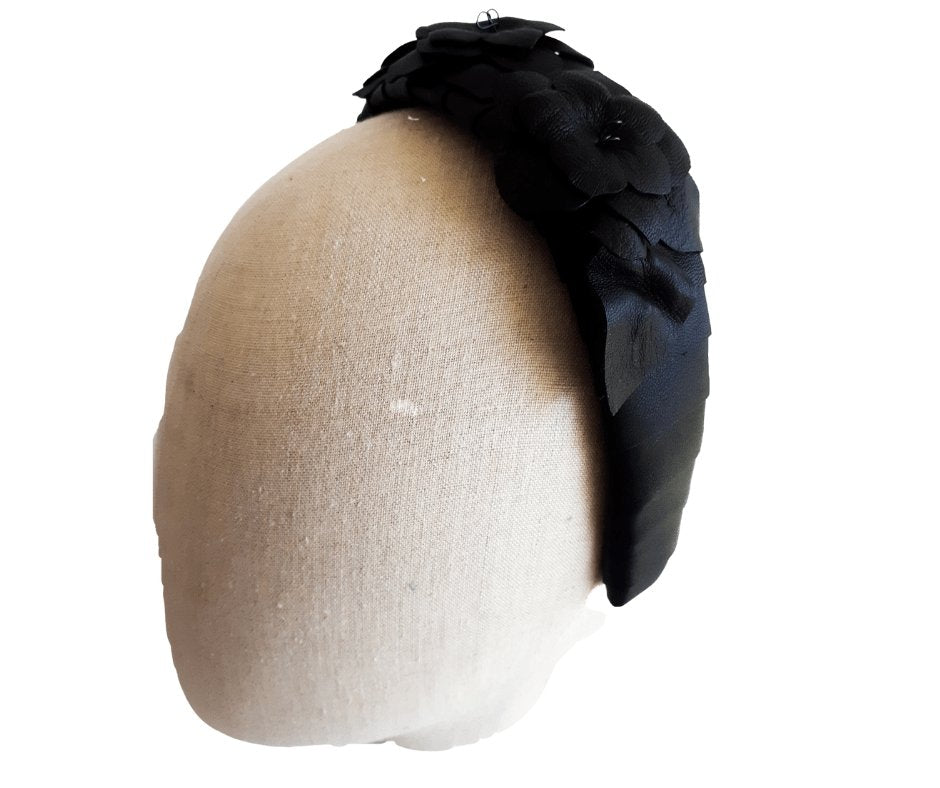 Black Leather flower ladies headband - Julie Herbert Millinery