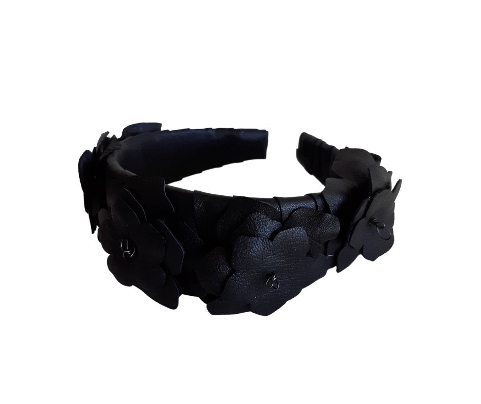 Black Leather flower ladies headband - Julie Herbert Millinery