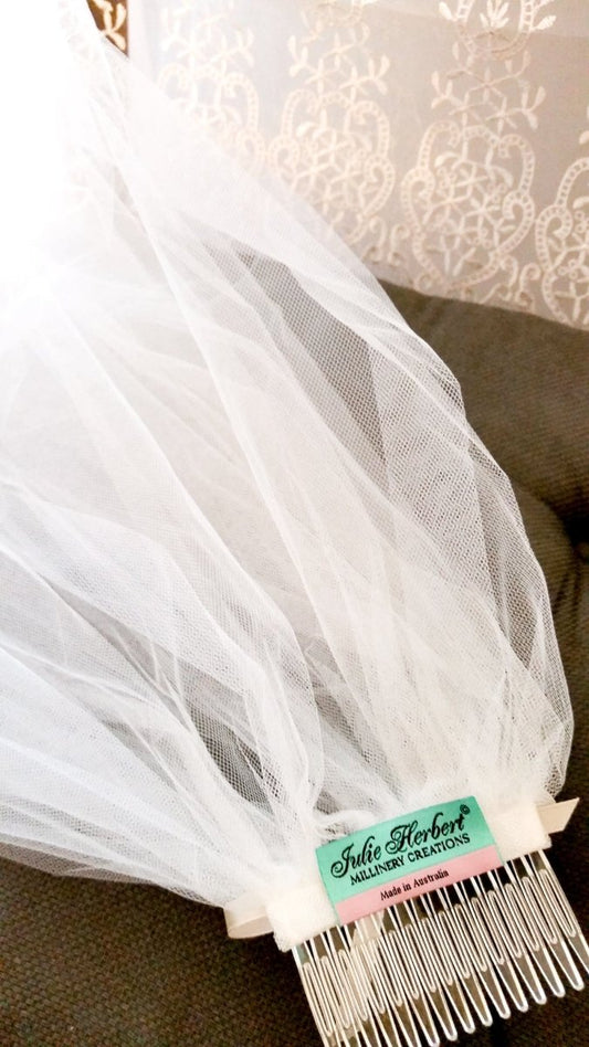 Ladies 1 tier White Cathedral tulle with lace bridal Veil - Julie Herbert Millinery Bridal