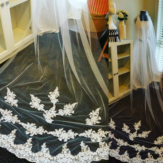 Ladies 1 tier White Cathedral tulle with lace bridal Veil - Julie Herbert Millinery Bridal