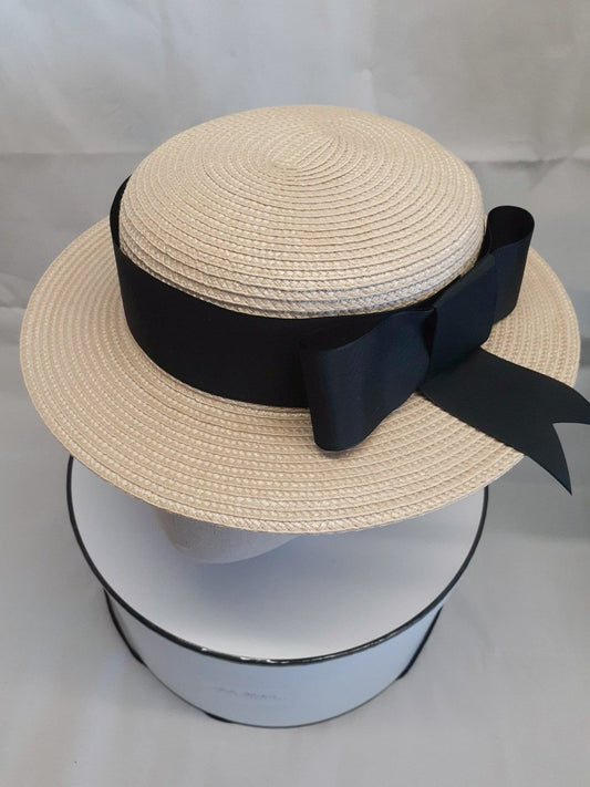 Ladies ivory and french navy blue straw boater hat - Julie Herbert Millinery Boater