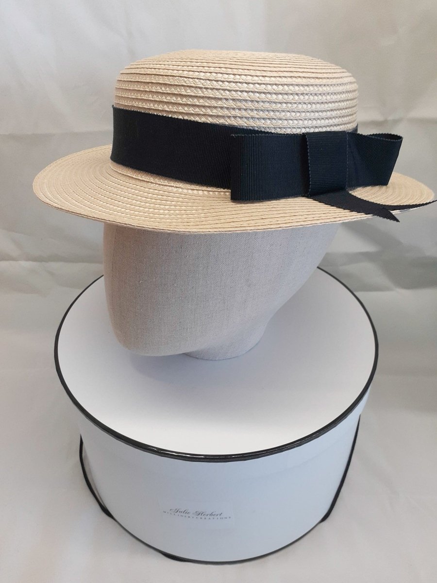 Ladies ivory and french navy blue straw boater hat - Julie Herbert Millinery Boater