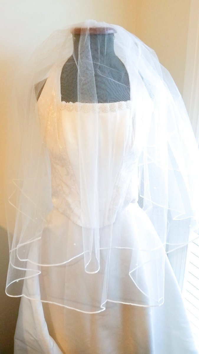 Ladies White 2 tier 45" Fingertip Bridal veil with pearls and ribbon edging - Julie Herbert Millinery Bridal