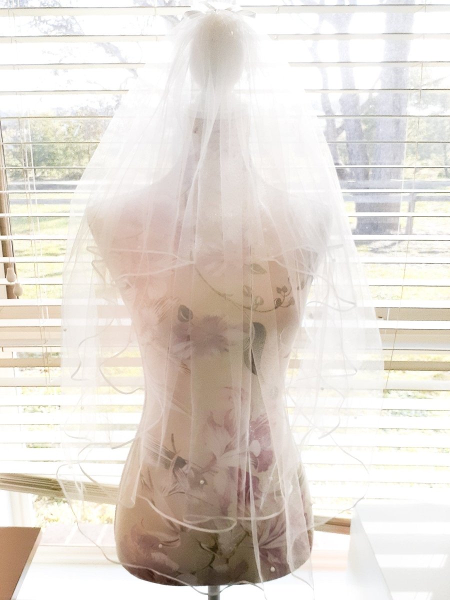 Ladies White 2 tier 45" Fingertip Bridal veil with pearls and ribbon edging - Julie Herbert Millinery Bridal