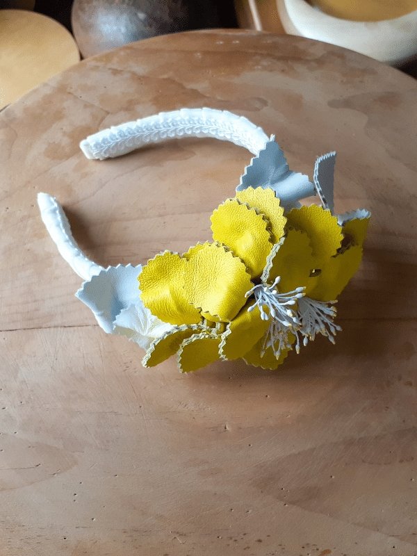 Ladies Yellow & White Leather flower Headband - Julie Herbert Millinery