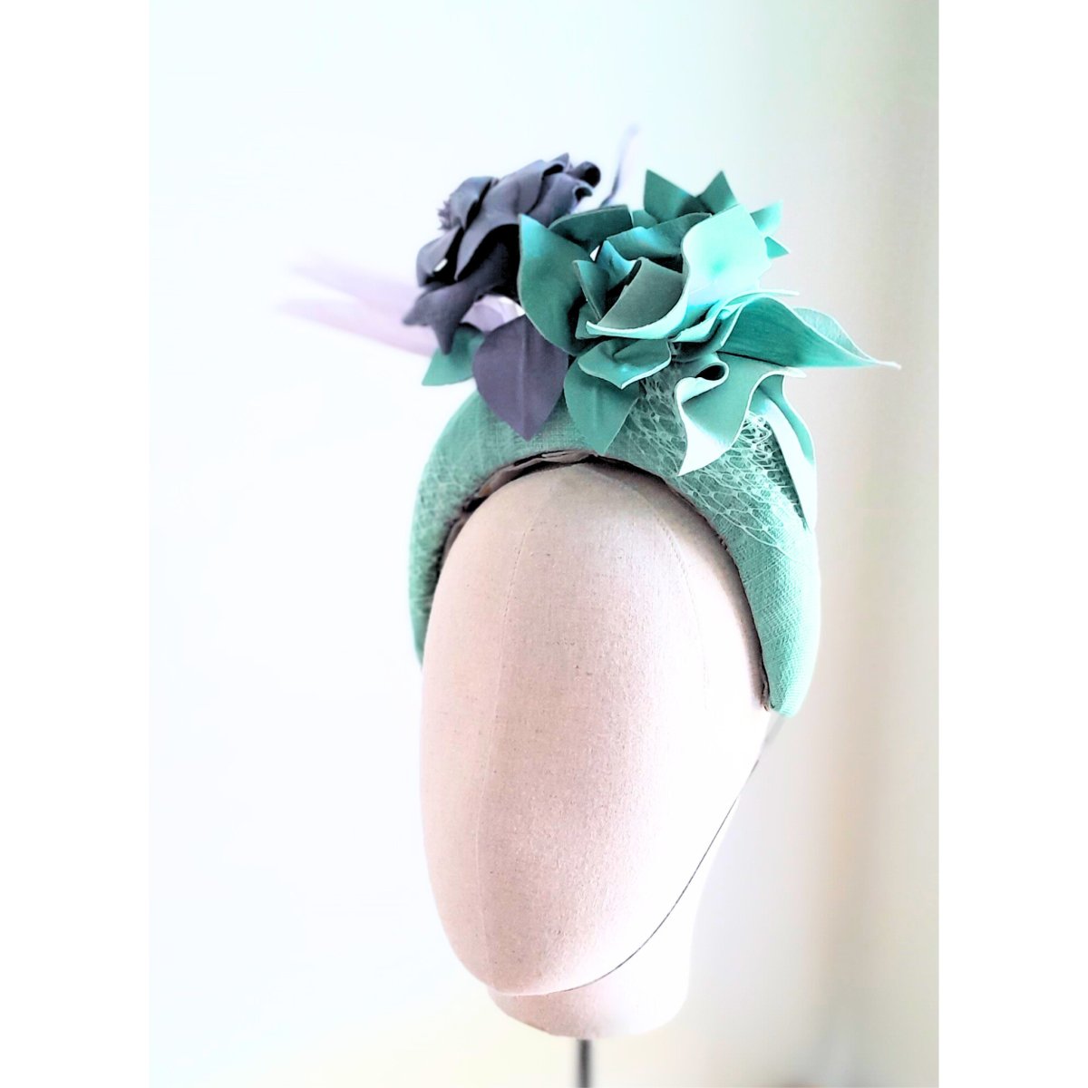 Mint Green and Lilac Sinamay Crown with Leather and Feathers - Julie Herbert Millinery mint and lilac headpiece crown