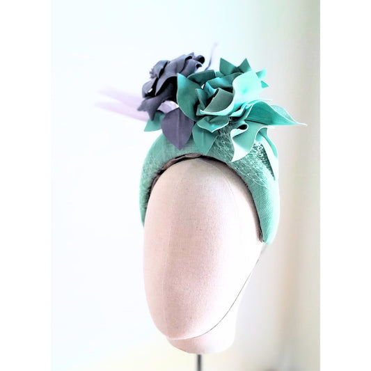Mint Green and Lilac Sinamay Crown with Leather and Feathers - Julie Herbert Millinery mint and lilac headpiece crown