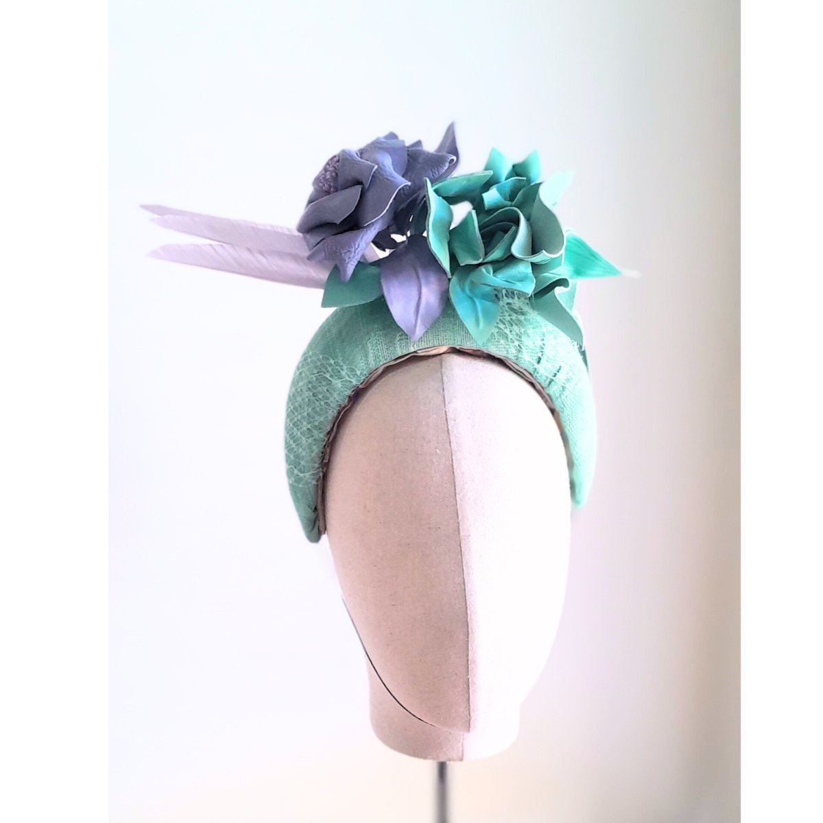 Mint Green and Lilac Sinamay Crown with Leather and Feathers - Julie Herbert Millinery mint and lilac headpiece crown