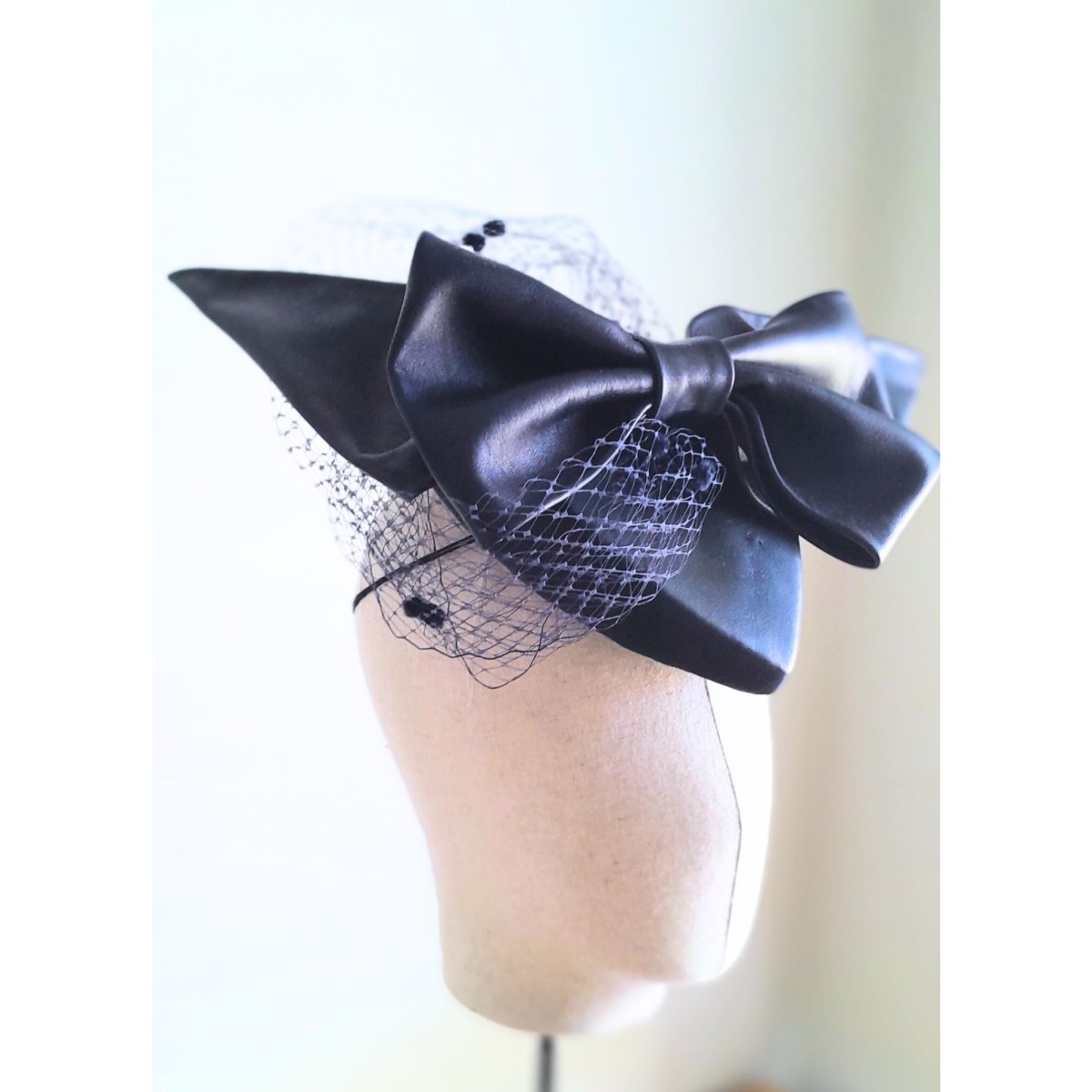 Navy Blue teardrop Headpiece with Leather Bow and Veiling - Julie Herbert Millinery leather crown