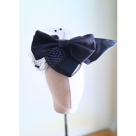 NAVY BLUE LEATHER CROWN WITH BOW & VEILING - Julie Herbert Millinery