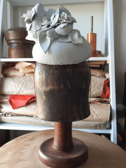 Off White Leather flower headpiece button percher - Julie Herbert Millinery white leather headpiece