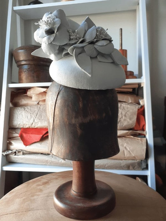Off White Leather flower headpiece button percher - Julie Herbert Millinery white leather headpiece