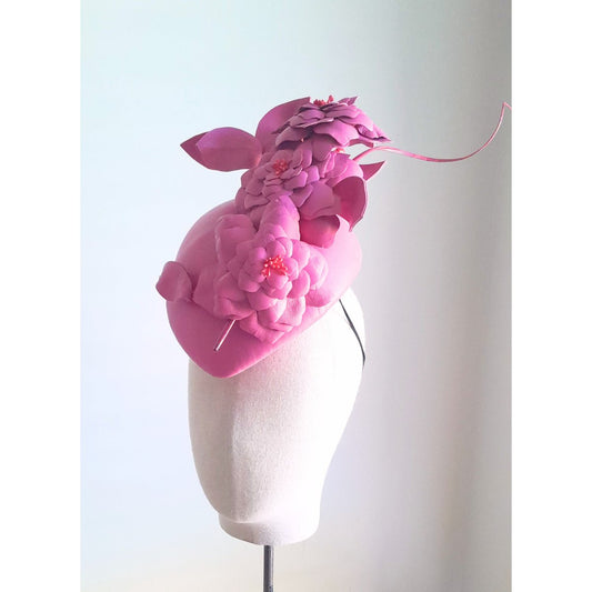 Pink leather flower teardrop percher Headpiece - Julie Herbert Millinery leather crown