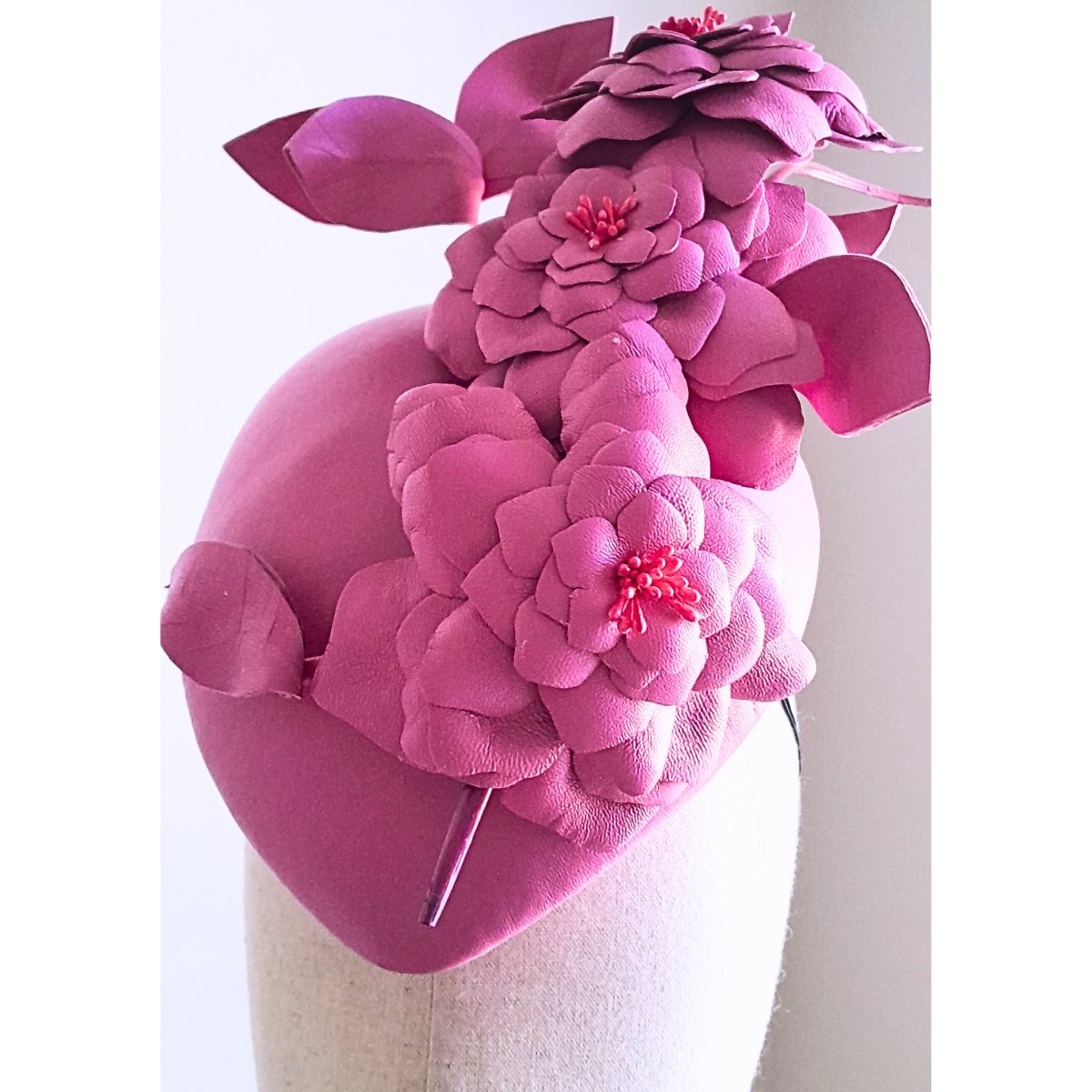 Pink leather flower teardrop percher Headpiece - Julie Herbert Millinery leather crown